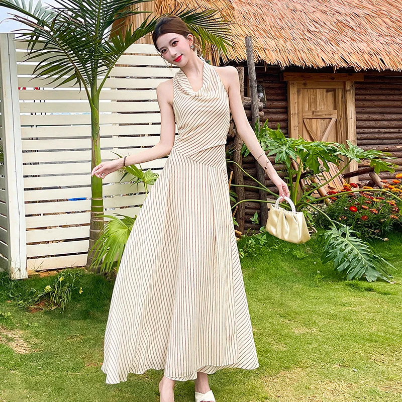 

Apricot Striped Halter Dress Two-Piece Sleeveless Holiday Long Dress Fashion Sexy Swing Neck Summer Maxi Dress