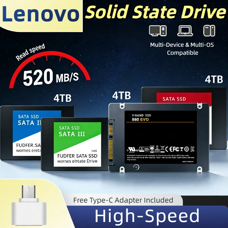 

Оригинальный портативный SSD-накопитель Lenovo 4 ТБ, внешний жесткий диск USB 3.1 Gen 2 Type-C, высокая скорость 560 МБ/с, для MacBook Pro, обновление для ноутбука.