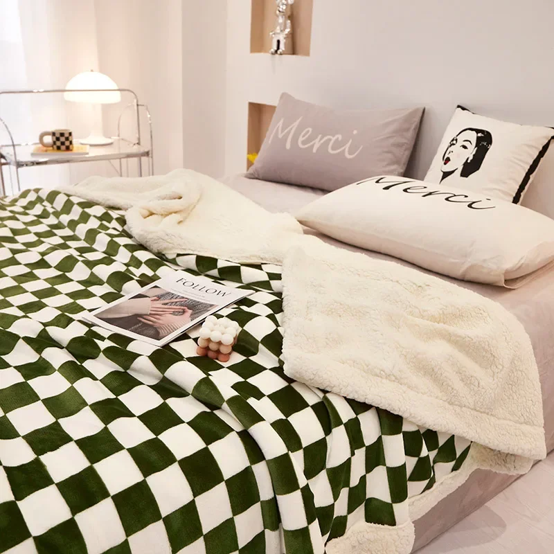 Nordic Thick Warm Checkered Blanket Double Layer Lamb Wool Leisure Blanket for Office Nap Bedspread with Edging for All Seasons