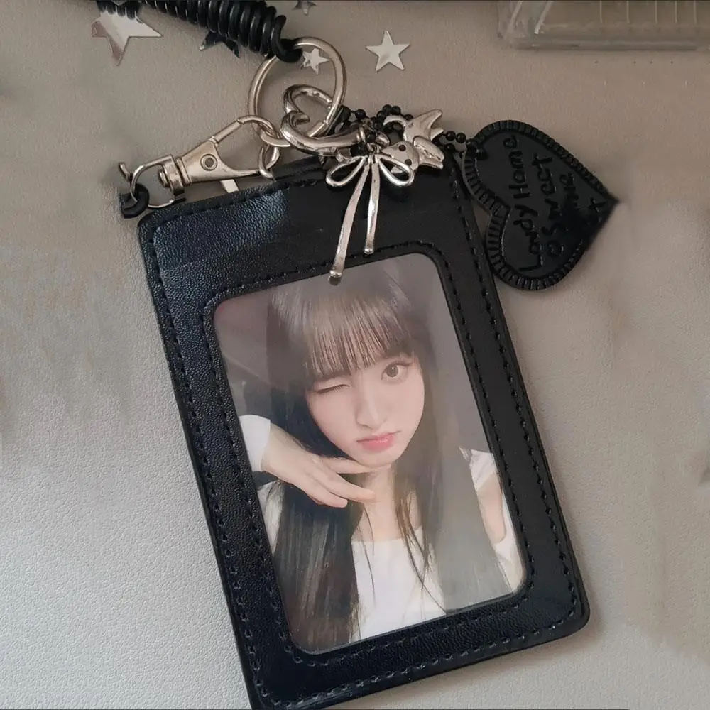 Black Leather Card Holder Student Campus Card Holder Bowknot Bag Pendant Keychain DIY INS Korean Version Cute Photocard Holder