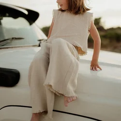 100% Cotton Muslin Casual Sets Girls Summer New Loose Sleeveless Crop Top + Elastic Waist Wide Leg Pants Children Suit