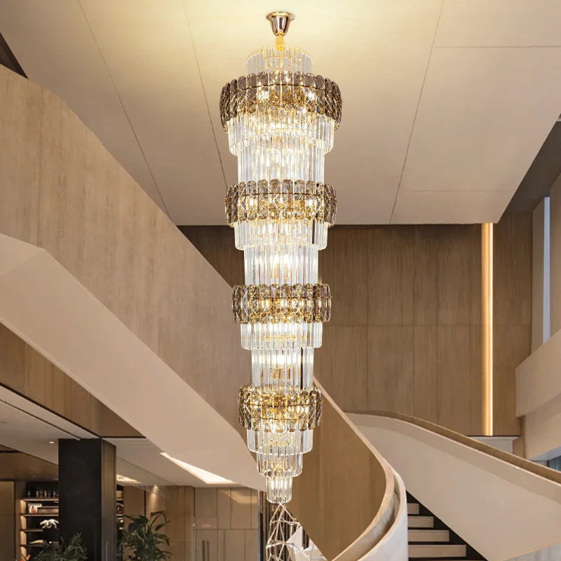 

European Crystal Chandelier Light Luxury Villa Hollow Living Room Chandelier Hotel Lobby Long Chandelier Duplex Building Lamps