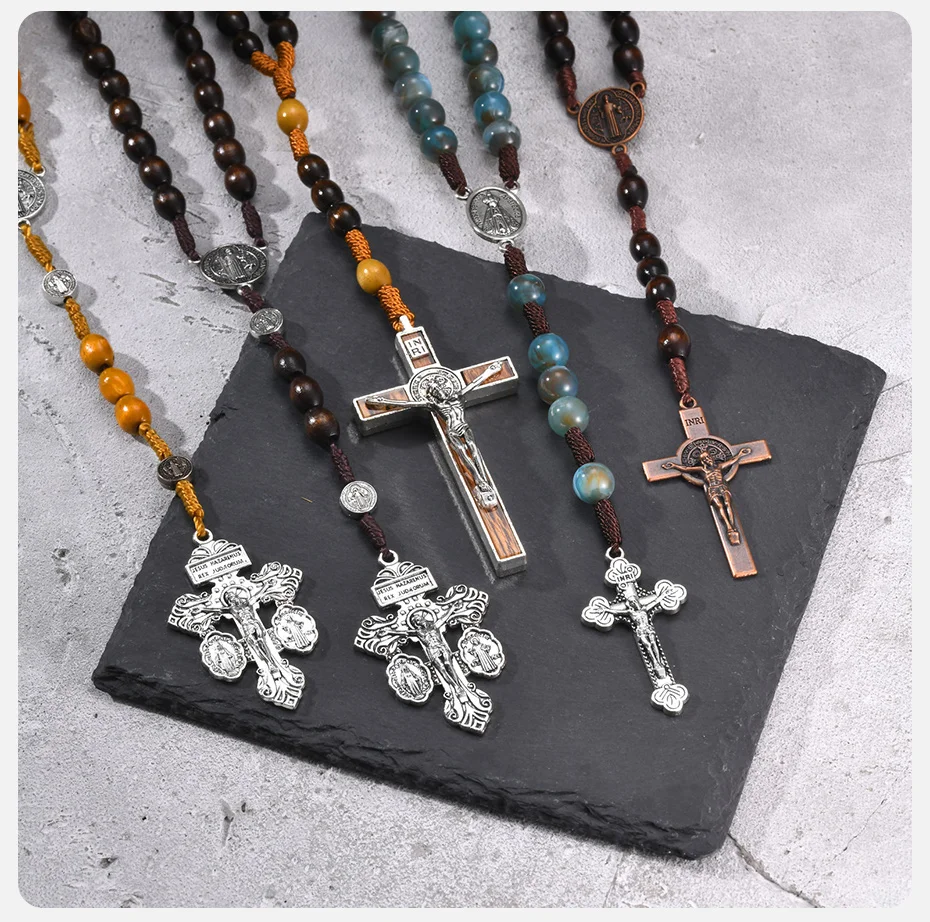 Vnox Herren-Rosenkranz-Halskette, Verzeihungs-Kreuz mit St. Benedikt und Jungfrau Maria, Holzimitierte Achatperlen, Y-förmiger katholischer religiöser Schmuck – Detail 8
