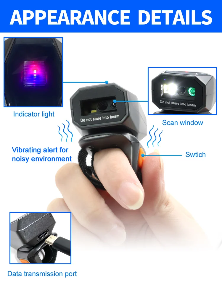 GTCODESTAR 2D Wireless Bluetooth Barcode Reader Mini Finger Qr Bar Code Reader Portable Wearable Ring 2.4G USB Barcode Scanner