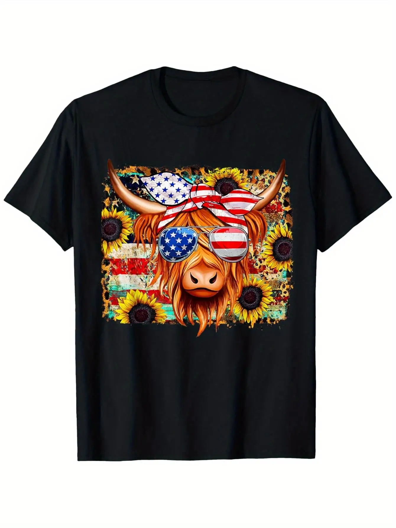 American Flag, Highland Cow-Fourth of July, Cow Lover Cool T-Shirt, Loose Style New Unisex Short-Sleeved T-Shirt, Casual And Comfortable, 100%, S-XXXL