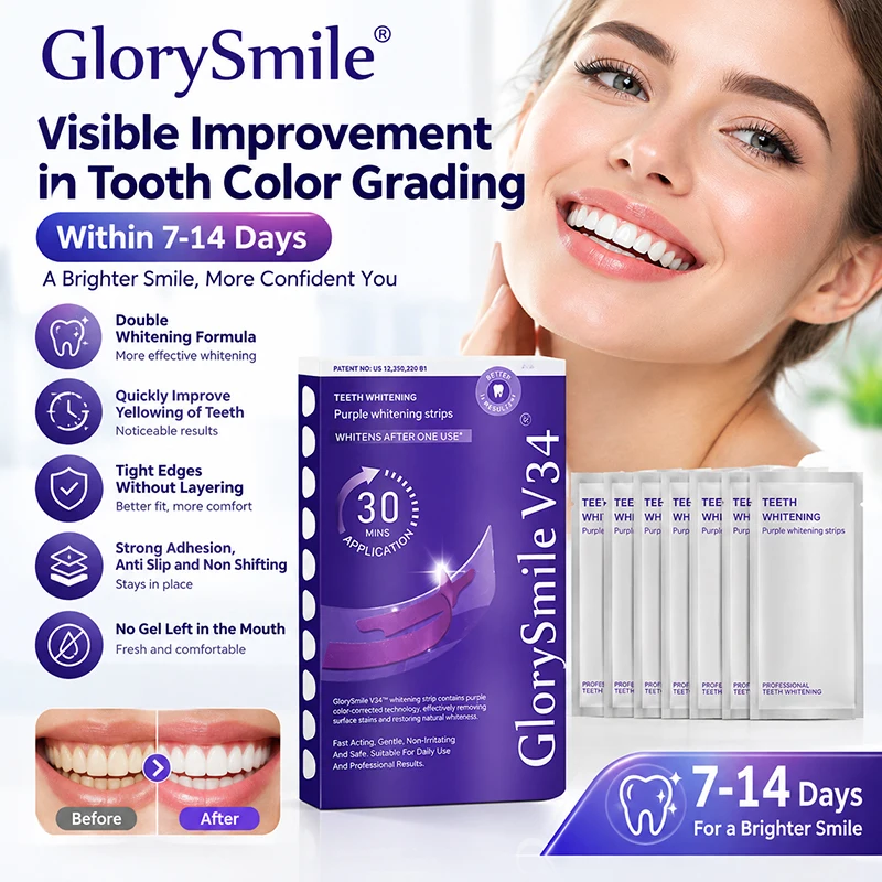 Glory Smile V34 Teeth Whitening Strips PAP Purple Dual Whitening Gum Safe Non Slip No Residue Yellow Teeth Stain Removal 7 Pack