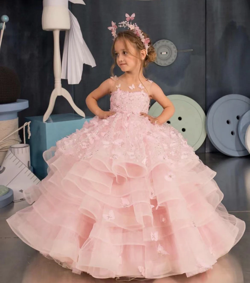 Lovely Pink Butterfly Flower Girl Dress Tulle Puffy Sleeveless Applique Sequins For Wedding Princess First Communion Ball Gowns