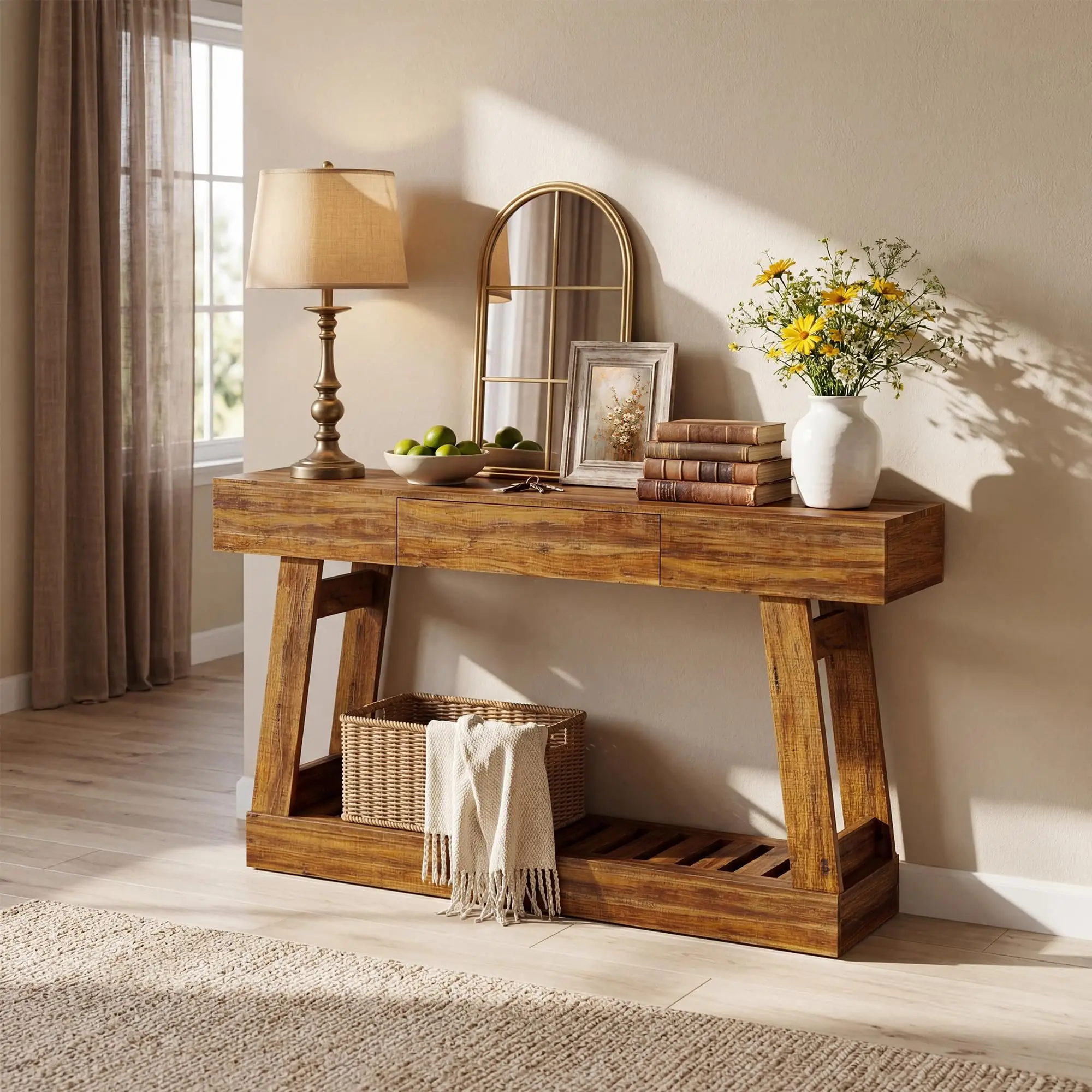 Rustic Farmhouse 60'' Console Table With Drawer And Storage Shelf, Narrow Entryway Sofa Table For Hallway, Foyer, Behind Couch