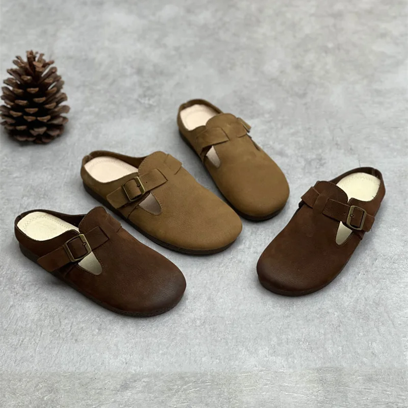 

Женские летние мюли ручной работы из натуральной кожи, новые, в стиле ретро, с пряжкой, из воловьей кожи, с закрытым носком, на плоской подошве, повседневные шлепанцы без застежек