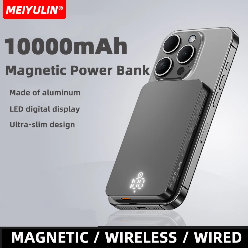 10000mAh Wireless Mobile Power Bank Magnetic Charger for iPhone 16 Samsung Xiaomi Portable USB C Fast Charging External Battery