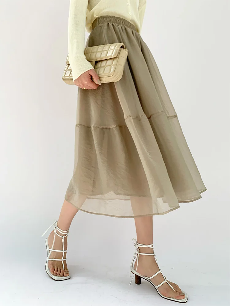 

Retro High Waist Midi Skirt Fairy Tulle Summer Hepburn Gentle Long A-Line Knee-Length Umbrella Skirt Commute Simple Pure Color
