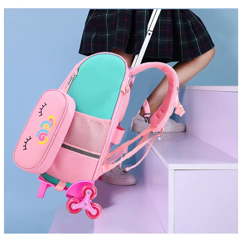 Cartoon Unicorn School Bags Wheeled Backpack for Girls Trolley Bag with Wheels Student Kids Rolling Backpack Trolley Bag