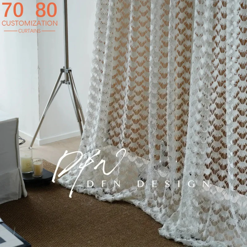French High-end White Hollowed Shell Embroidered Screen Curtains for Bedroom Living Room French Window Balcony Window Customized