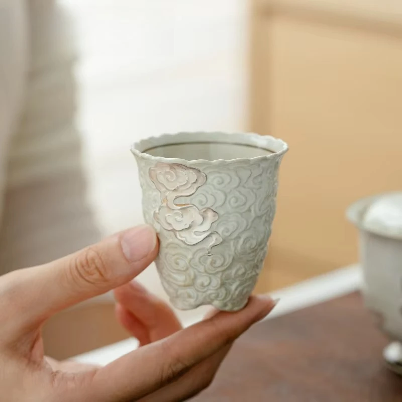 Handamde Carved Flower Teacup Japanese Powder Yin White Master Cup Drawing Silver Personal Coffee Mug Kung Fu Teaset Craft