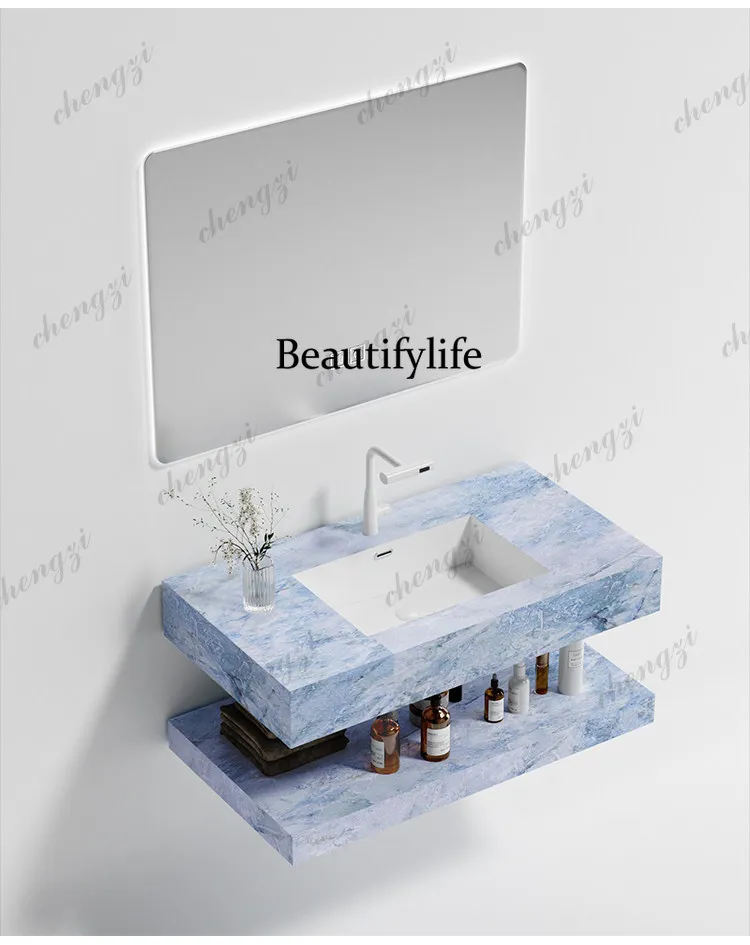 PPP Cut-corner Seamless Ceramic Wash Basin Cabinet, Modern Open-style Sintered Stone Bathroom Vanity Combo