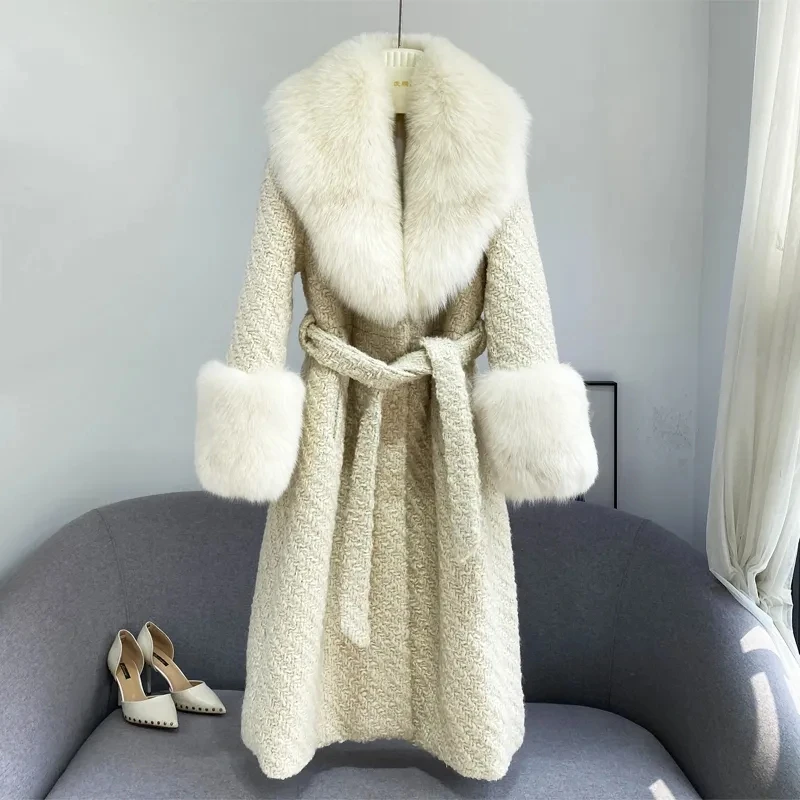 

2024 New Winter Imitation Fox Fur Collar Fur Jacket Women Overcoat Fashion Long Loose Belt Wool Woolen Windbreaker Thicken Coat