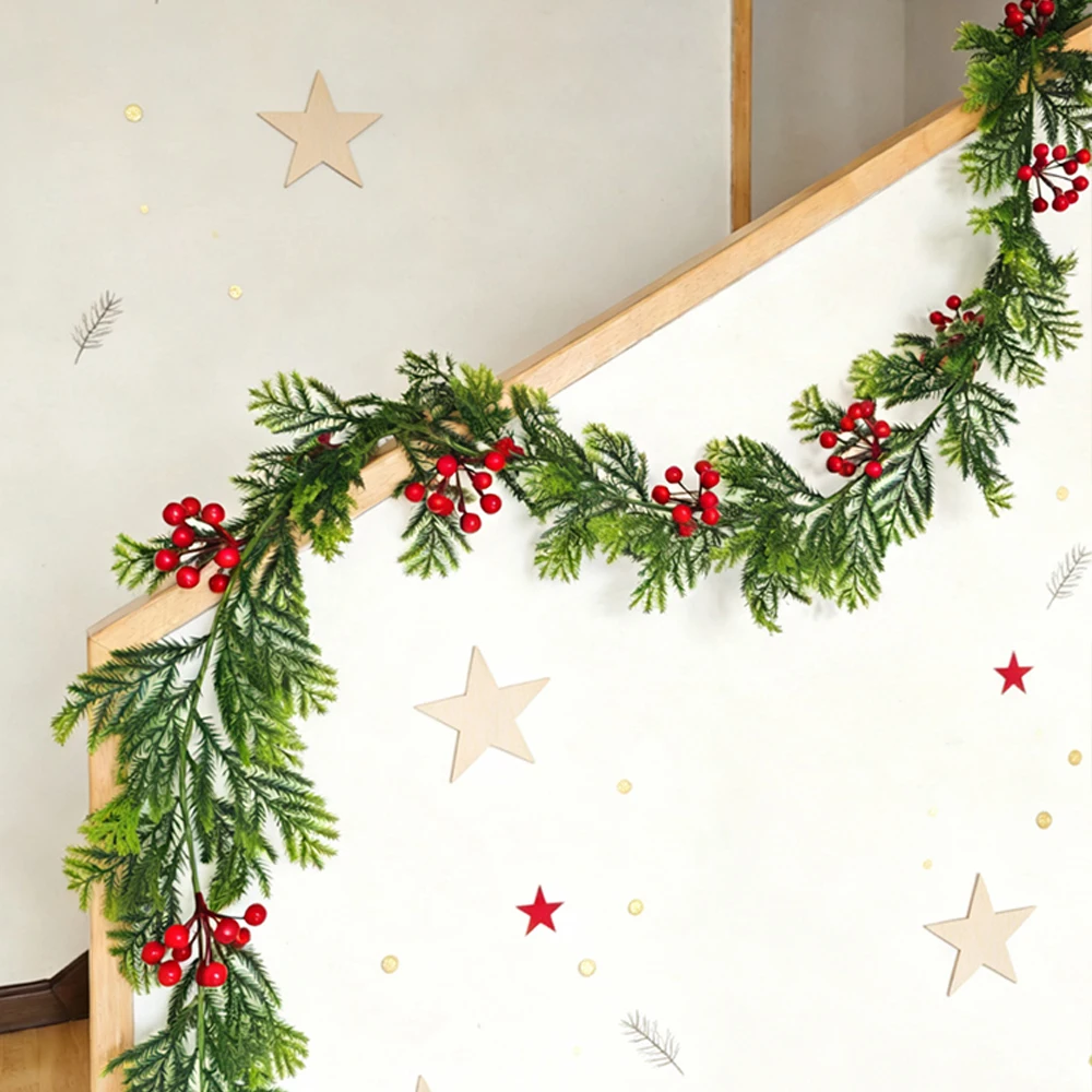 175cm Artificial Christmas Vine Plant Winter Pine Needle Tree Branches Foam Red Fruit Garland For Home Door Frame Closet Decor