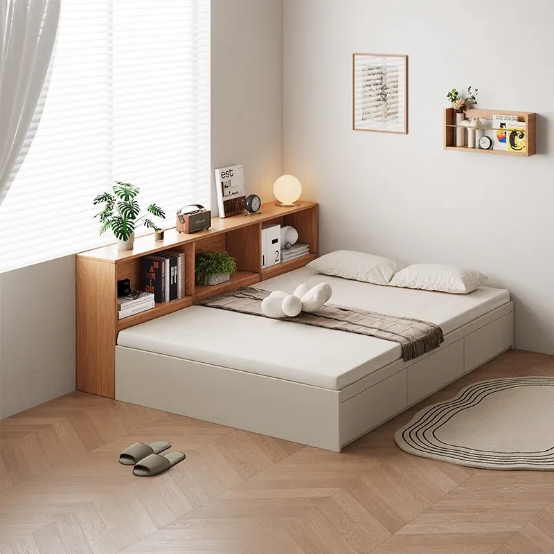 Solid wood floor bed cabinet combination small apartment without bedside log wind tatami bed frame storage cabinet integration