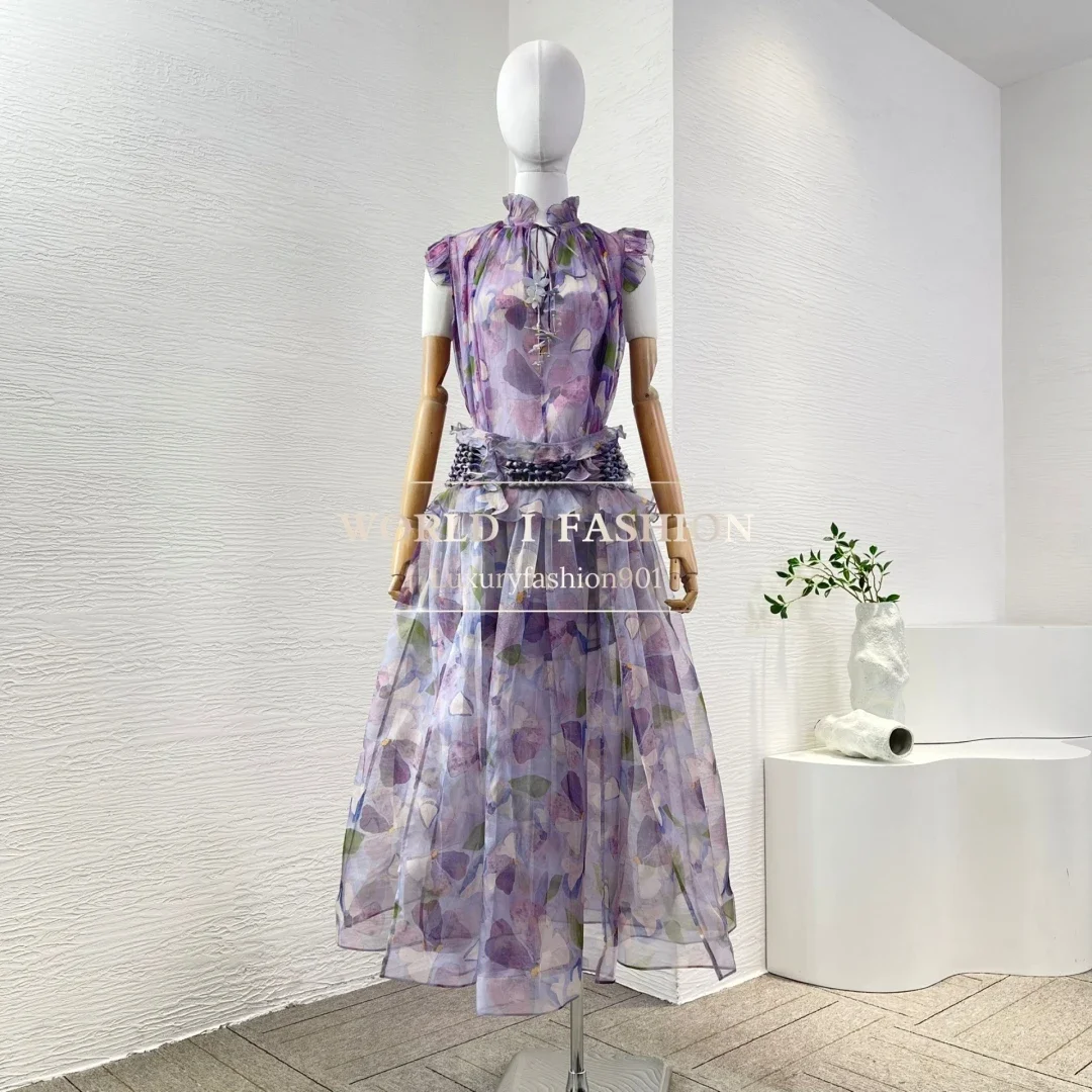 

Блузка с оборками, топы и юбка-миди, 2025 г., высококачественный шелковый, фиолетовый, фиолетовый, без рукавов с цветочным принтом