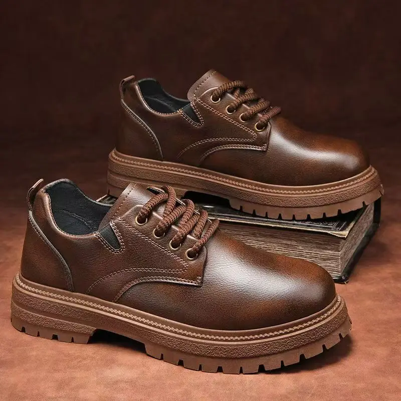 

Мужская весенне-осенняя новая кожаная повседневная рабочая обувь на толстой подошве, нескользящая повседневная деловая обувь с круглым носком на шнуровке в британском стиле