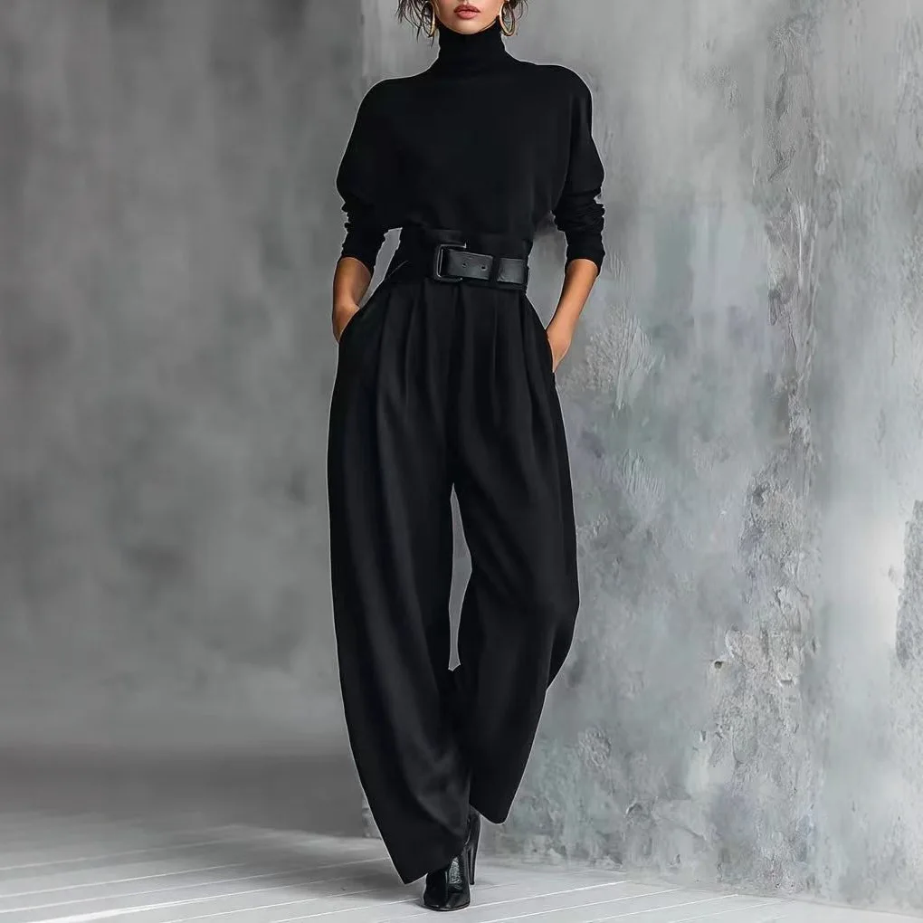 Casual Matching Outfit High Neck Blouse With Belt High Rise Trousers For Ladies