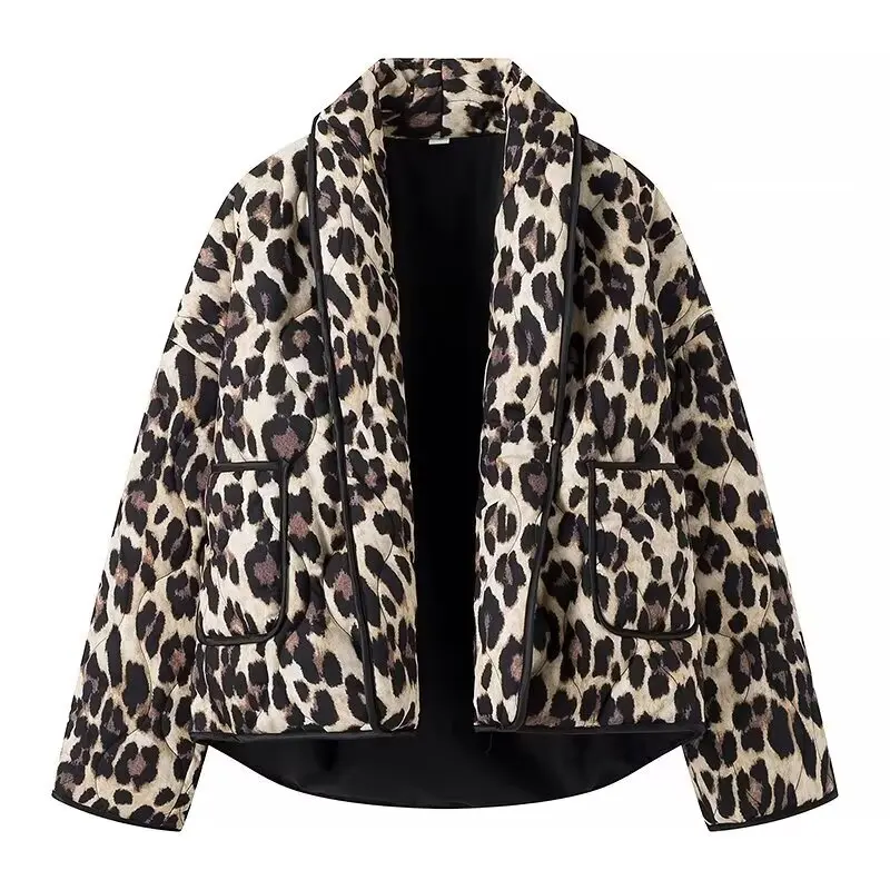 Women\'s Leopard Print Cotton Jacket Lapel Pocket Cardigan Style Warm Fashionable Casual New