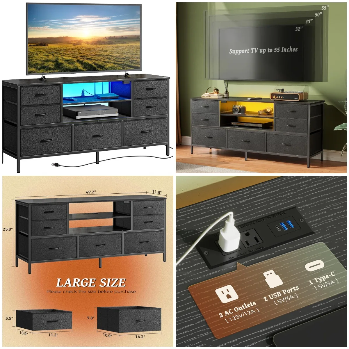 

TV Stand Dresser with Power Outlets and LED Lights, 7 Drawer Console for 55 Inch TV, Black PU Leather Bedroom Dresser