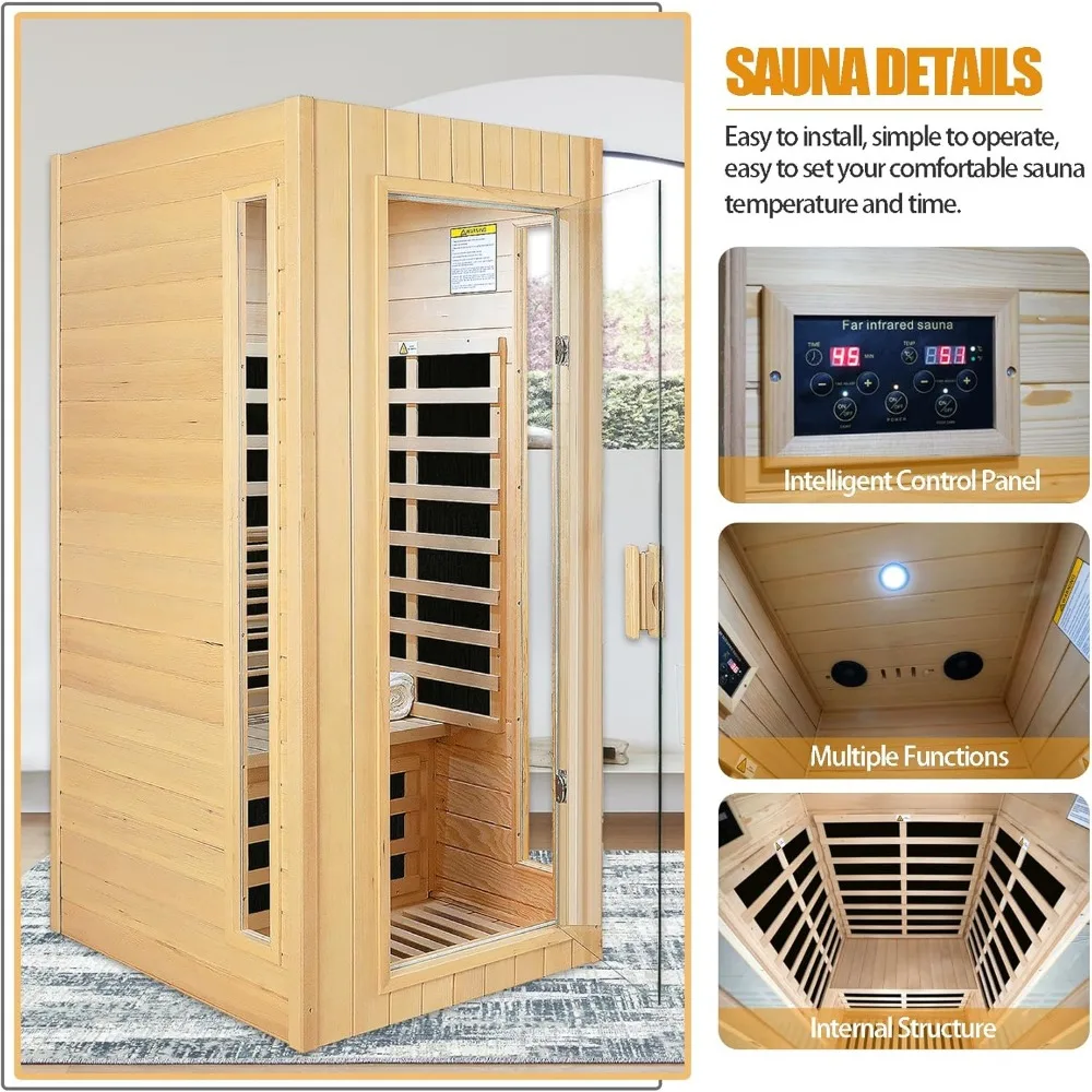 Far Infrared Sauna 1 Person Canadian Hemlock Wooden Sauna,1300 W Low-EMF with Control Panel, Bluetooth Speakers,LED Reading Lamp