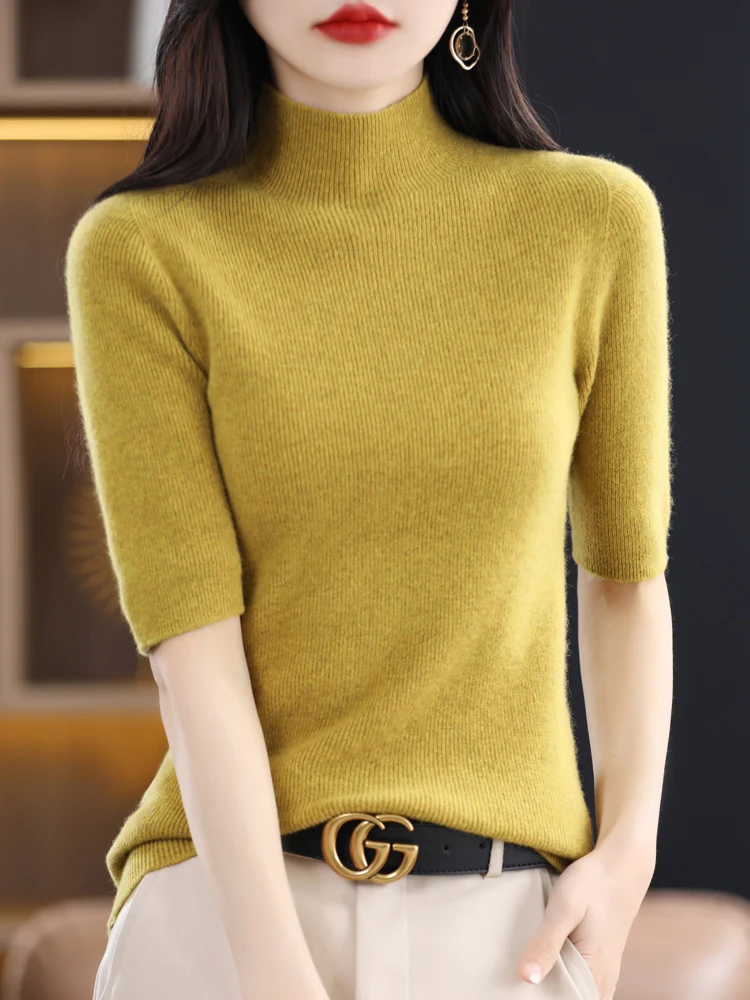 Yoyoselect Spring Autumn Women 100% Merino Wool Half Sleeve Sweater Slim fit Mock Neck Pullover Solid color Knitwear Tops Cloth
