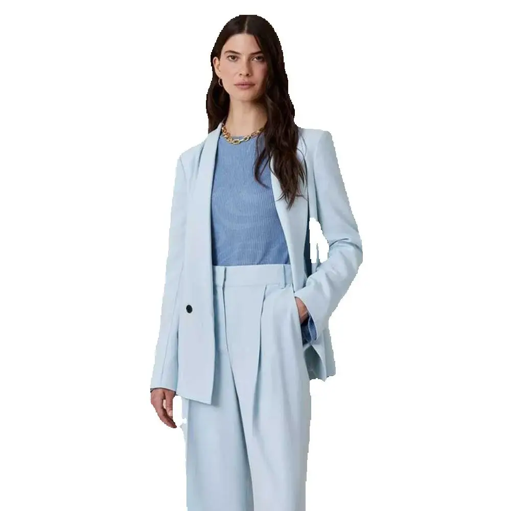 Formal Blue Suits for Women One Button Two Piece Jacket Pants Female Clothing Slim Fit Fashion Chic Office Lady Blazer Sets