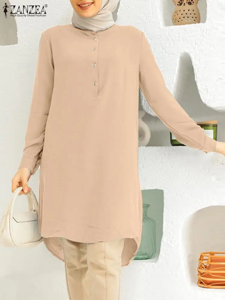 ZANZEA Elegant Muslim Blouse Stand Collar Long Sleeve Tops Woman Fashion Shirt Solid Color Casual Party Chemise Abaya Ramadan