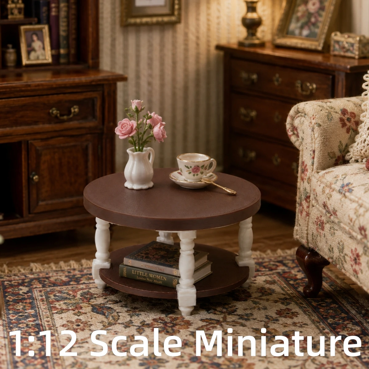 Dollhouse Furniture, Miniature Furniture, Dollhouse Miniature Models, 1:12 Scale 3D Printed American Country-Style Vintage Double-Layered Small Coffee Table, Pla Material, Not Made of Wood. The Double-Layer Structure Combines Display and Storage Functions, Making It Suitable for Decorating Scenes Such as Dollhouse Living Rooms and Leisure Areas, and Is Ideal for Displaying Mini Books, Tea Sets, Ornaments, and Decorative Items.