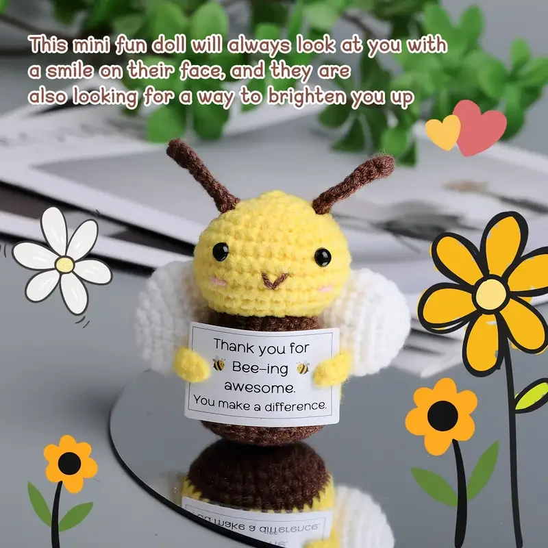 Hand Knitted Bee Doll with Positive Message Card - Fabric Collectible Party Decor, Applicable for Ages 14+ - No Electricity