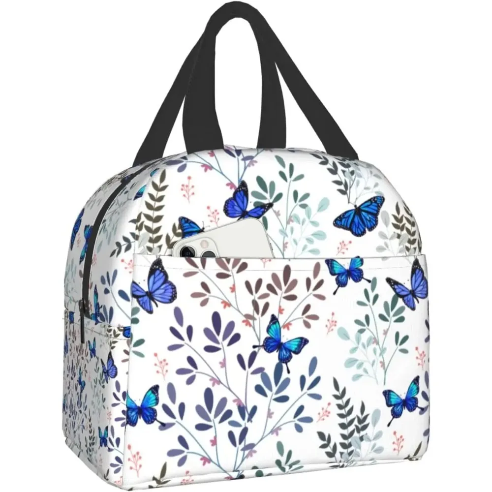 

Butterfly Insulated Lunch Bag with Front Pocket Reusable Cooler Tote Bag with Zipper for Camping Hiking Picnic Beach Travel Work
