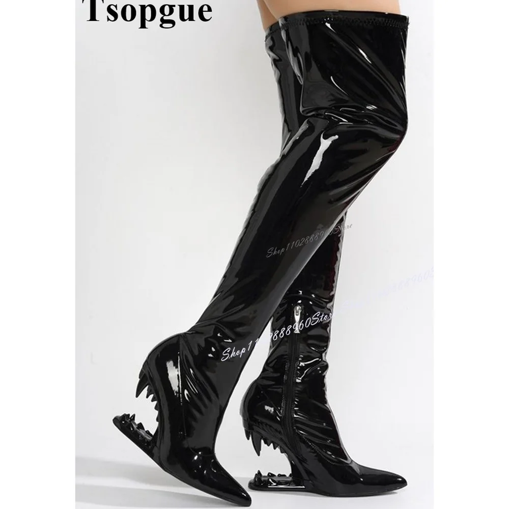 Over The Knee Black Leather Teeth Heel Slim Boots Strange Style Heel Women Shoes Side Zipper Round Toe 2024 Zapatos Para Mujere