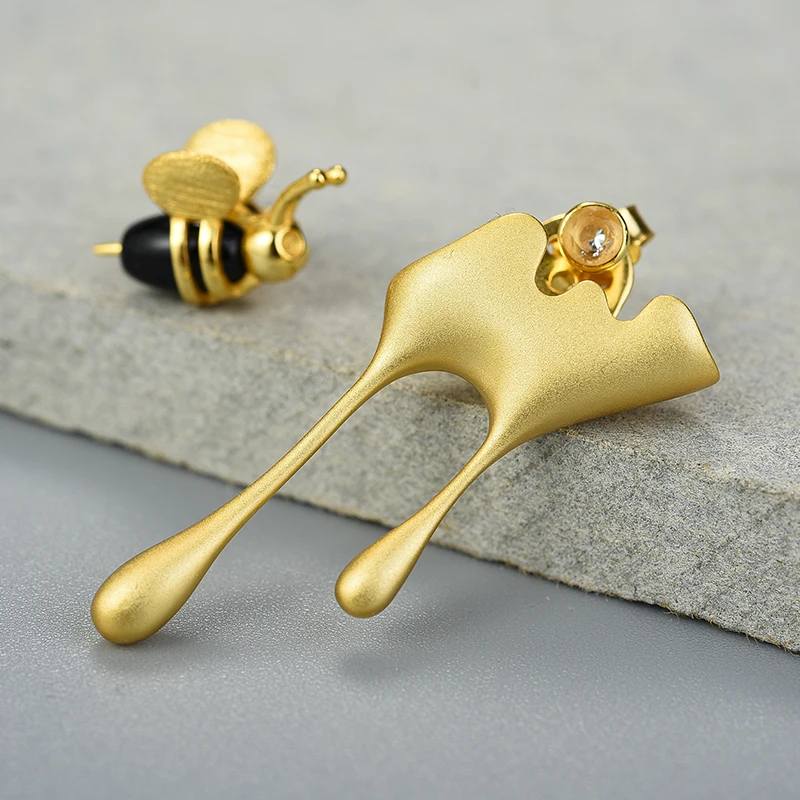 Lotus Fun Real 925 Sterling Silver Handmade Fine Jewelry 18K Gold Bee and Dripping Honey Asymmetric Stud Earrings for Women Gift