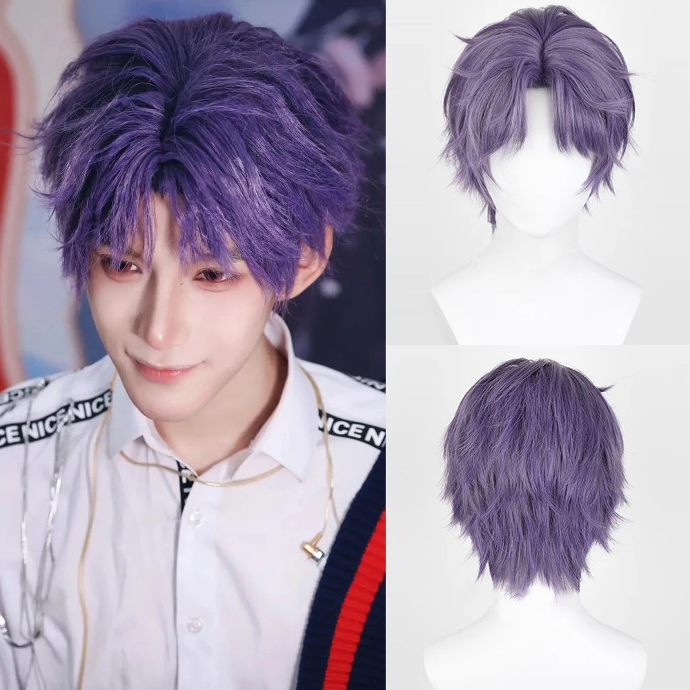 

Purple Short Straight Synthetic Wig Anime Game Cosplay Men Fluffy Wig Middle Part Heat Resistant for Daily Party