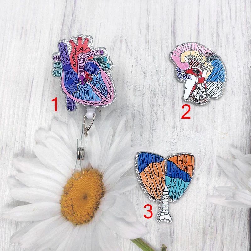 New Glitter Anatomical Diagram Heart Brain Lungs Pharmacist Badge Reel Nursing Badge Holder with 360 Rotating Alligator Clips