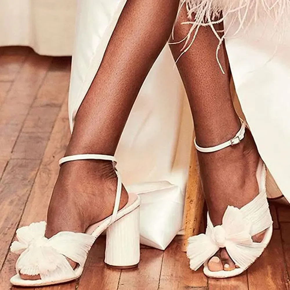 

2025 Women's Block Heel Wedding Shoes for Brides Who Value Comfort And Style Pleated Bow Knot White Blue Party Sandals Big Size
