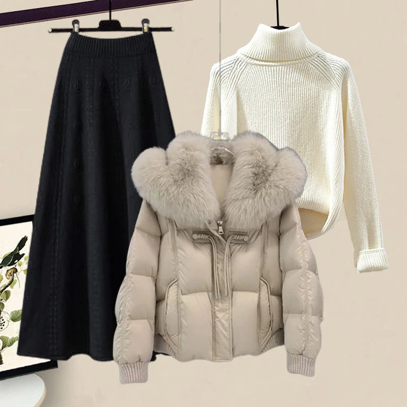 

Winter Cotton Jaet Knitted High Waist Skirt f High Collar Outfit Set Women's Faion Korean Sle Loose Fit Coat