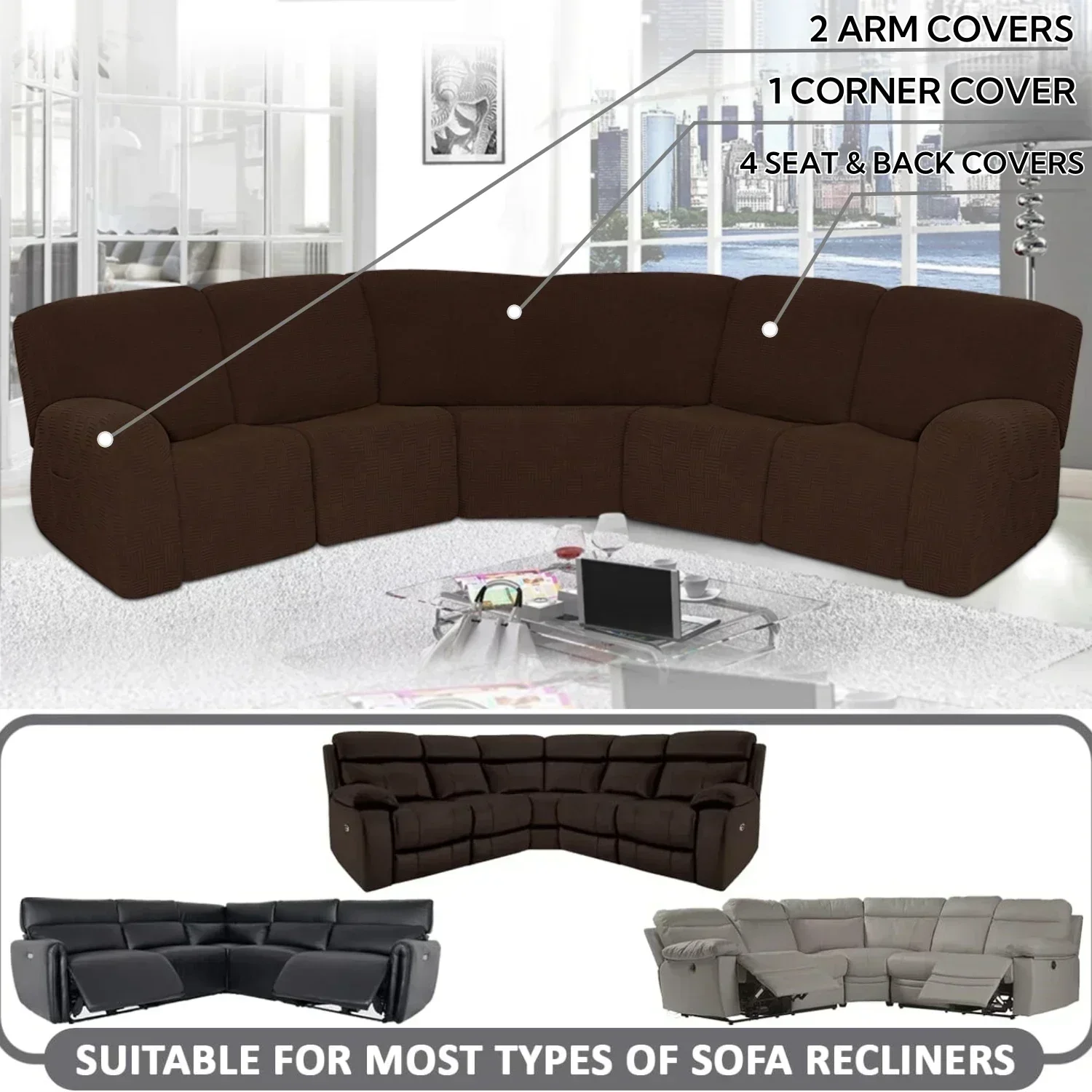 Thick Jacquard 7-Piece Sectional Sofa Covers 5-Seater Stretch Recliner Couch Covers L Shape Sofa Protector Thick Soft Washable