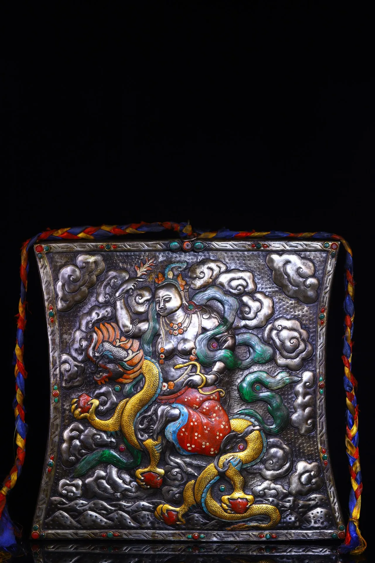 

16"Tibetan Temple Collection Old Tiantie Painted Mosaic Gem Riding Dragon Pattern Palden Lhamo Thangka Worship Hall Wall hanging