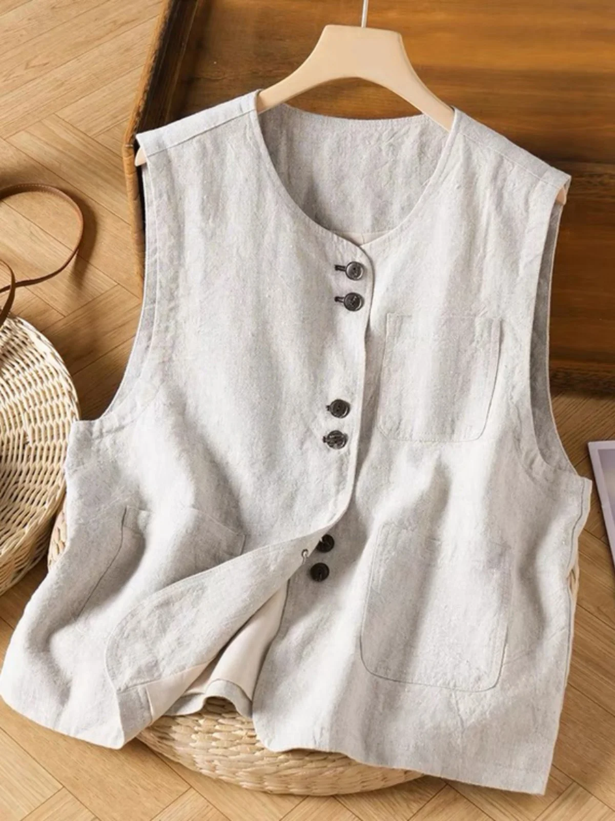 

Хлопково-льняной жилет, женский весенне-летний свободный многослойный жилет с v-образным вырезом, модная верхняя одежда для поездок на работу, Sle