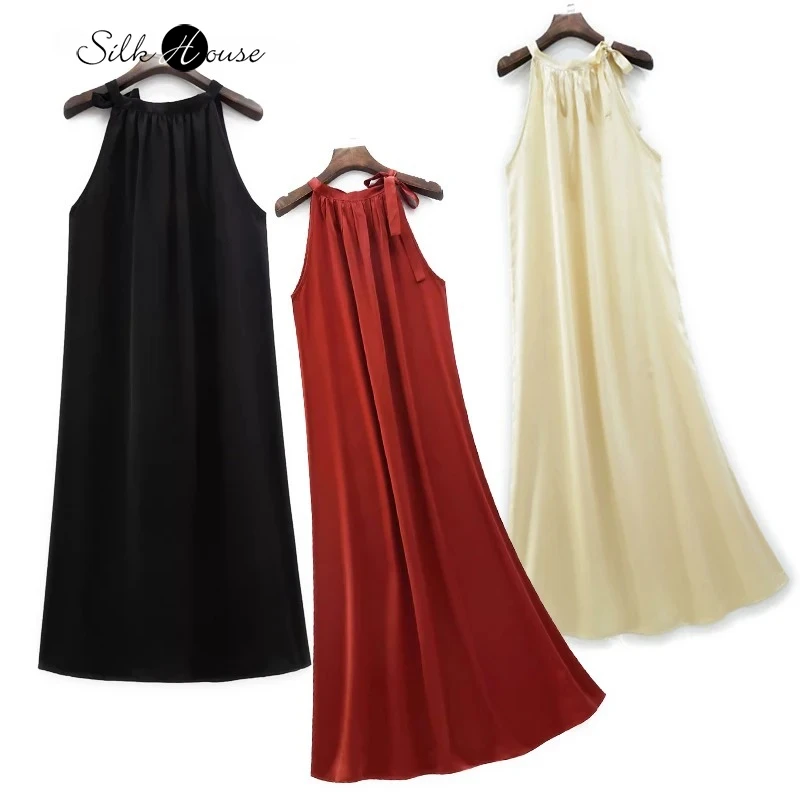 

2025 Women's Casual Clothing Sexy Loose Hanging Neck Collar 95% Natural Mulberry Silk Elastic Satin Sleeveless Vest Solid Dress