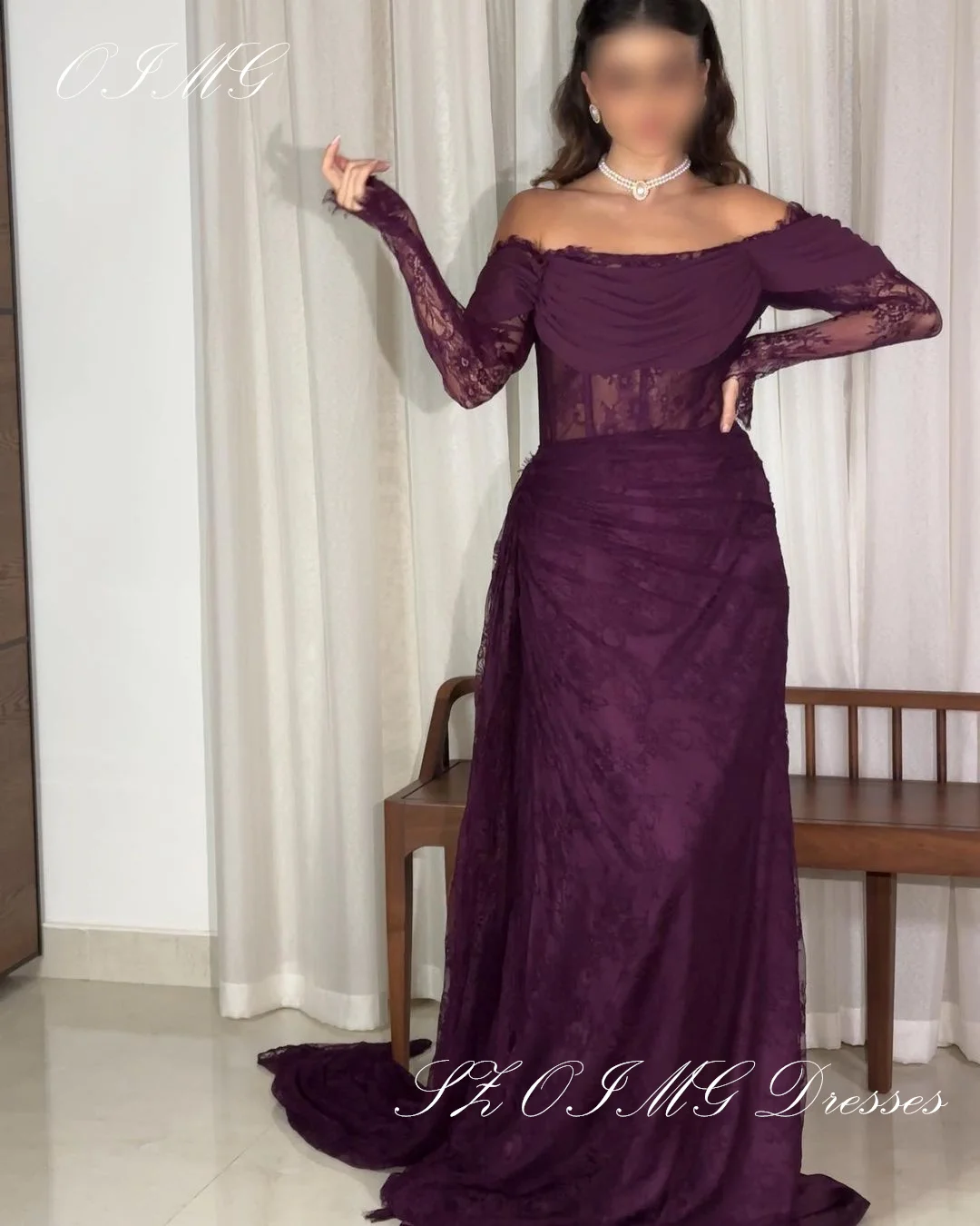 

OIMG Off Shoulder Prom Dresses Long Sleeves Lace Women Vintage Purple Customized Evening Gowns Occasion Formal Party Dress