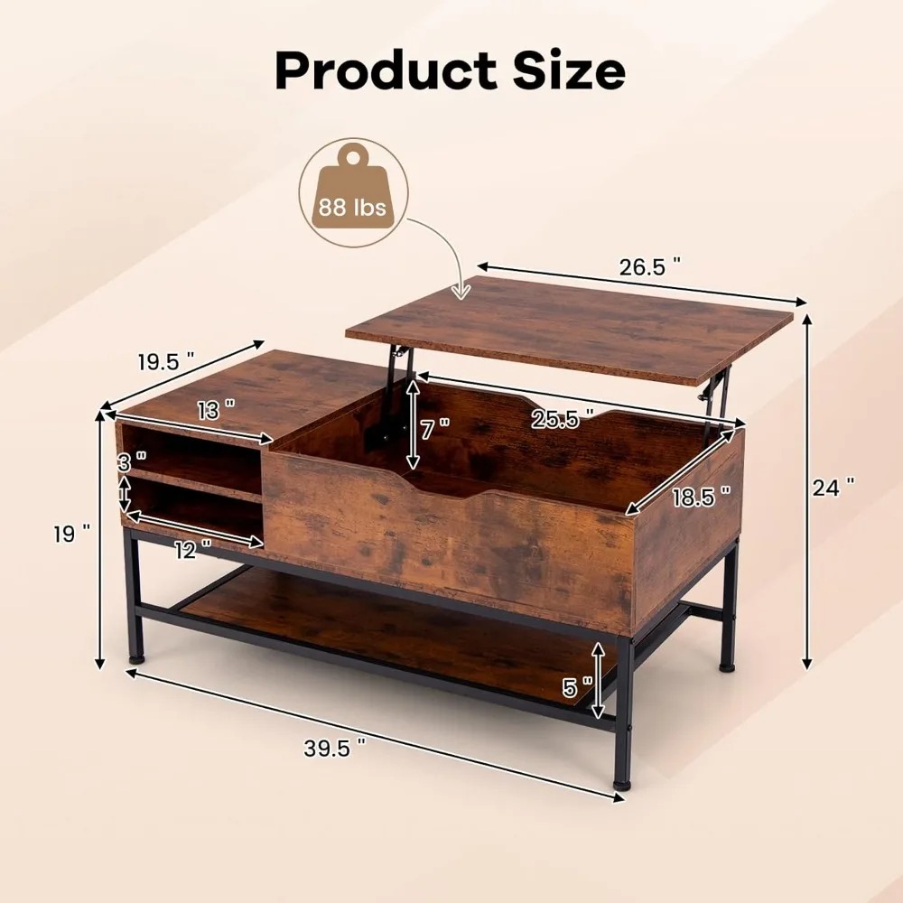 طاولة قهوة قابلة للرفع، طاولة غرفة معيشة صناعية مع حجرة مخفية ورف تخزين قابل للإزالة، مركز علوي قابل للطي #3