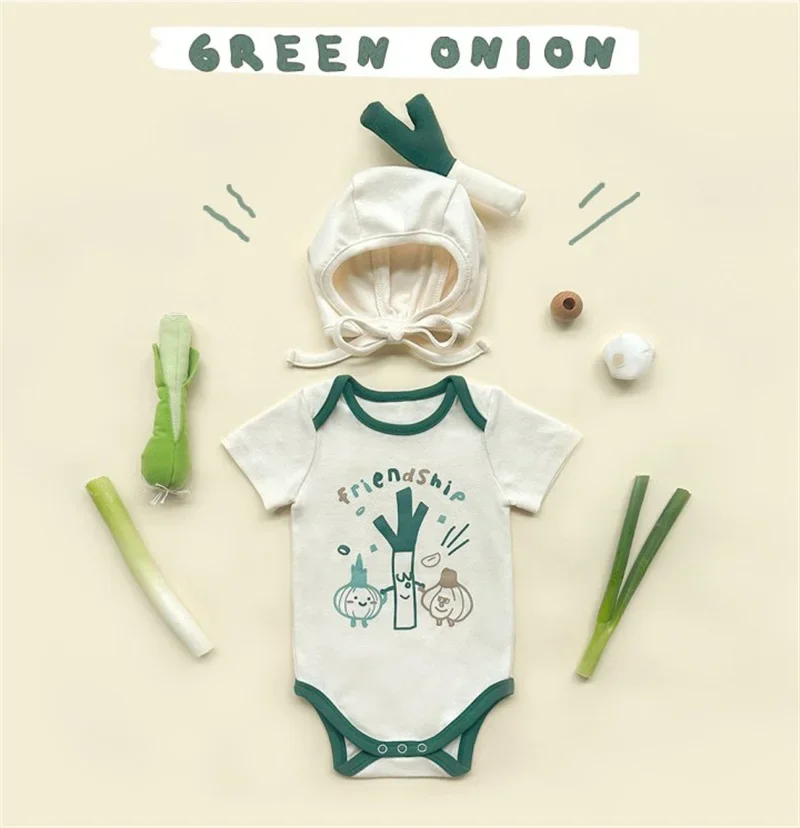 Funny Summer Baby Boy Girls Clothes Korean Romper Bodysuit Cotton Short Infant Scallion Pattern Onesie Jumpsuits With Hat 2024