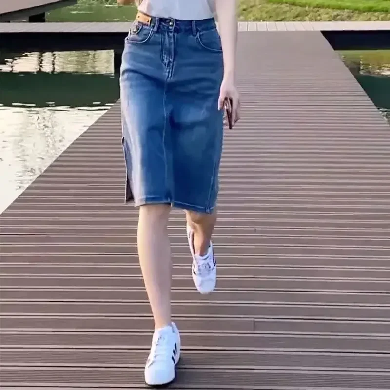 Skirts for Women To Knees Length Womens Skirt Jeans Denim Pencil Clothing with Slit Y2k Trend High Quality Summer 2024 Fashion V