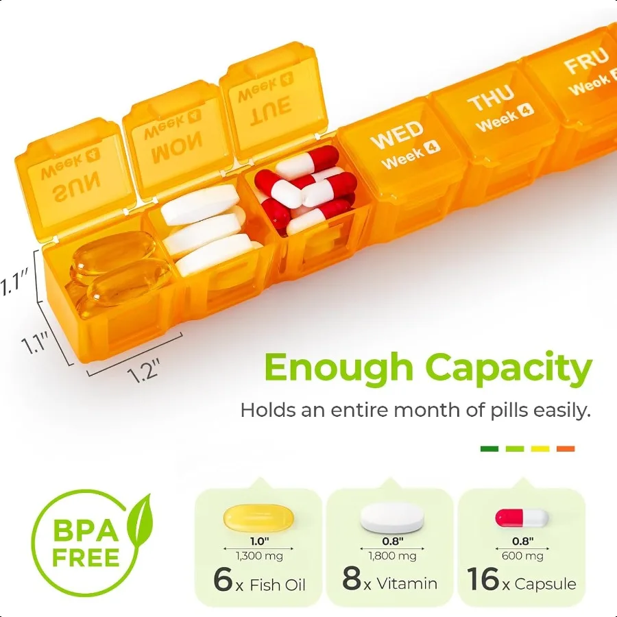 منظم حبوب شهري مقاوم للرطوبة علبة حبوب كبيرة 28 يومًا مع علبة حبوب منع الحمل قابلة للإزالة لمدة 4 أسابيع حاوية حبوب منع الحمل مناسبة للسفر