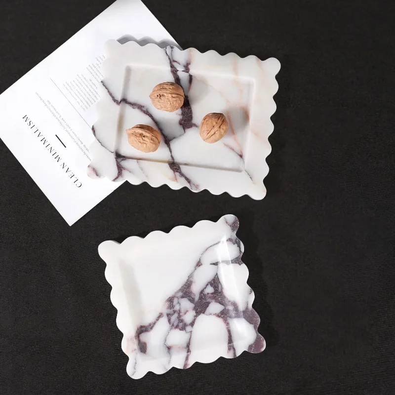 Rectangles and Squares Luxury Marble Stone Calacatta Viola Violet Scalloped Tray Fruit Plate Ornaments